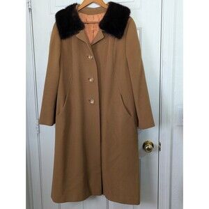 VTG 50s Chinese Cashmere Long Coat Fur Collar Womens XL Carmel Brown USA Made